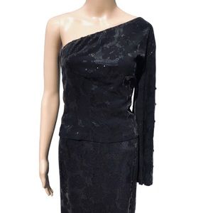 St. John Evening black asymmetrical one sleeve top with sequins Sz 4